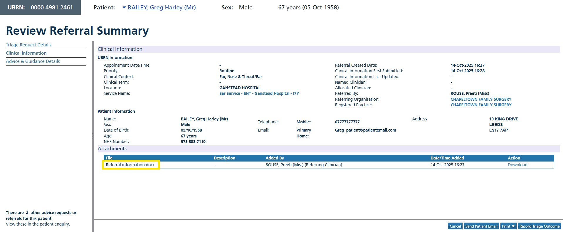Attachments section of the Clinical information summary screen