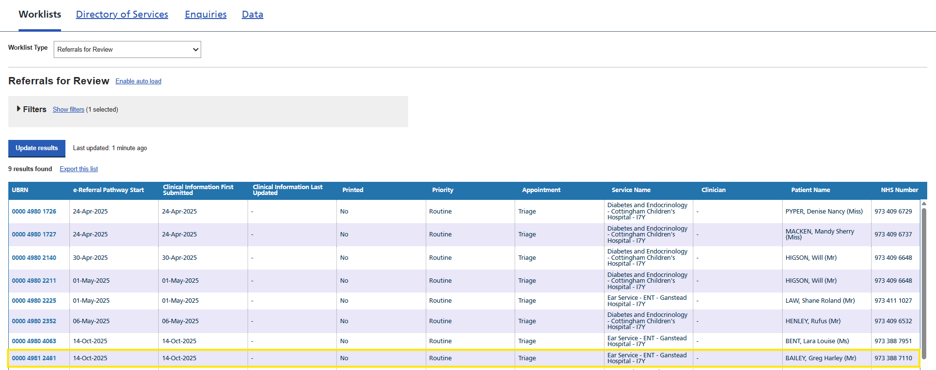 Referrals for review worklist screen