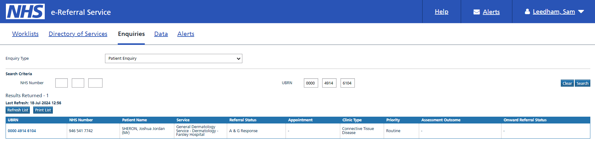 Patient enquiry screen