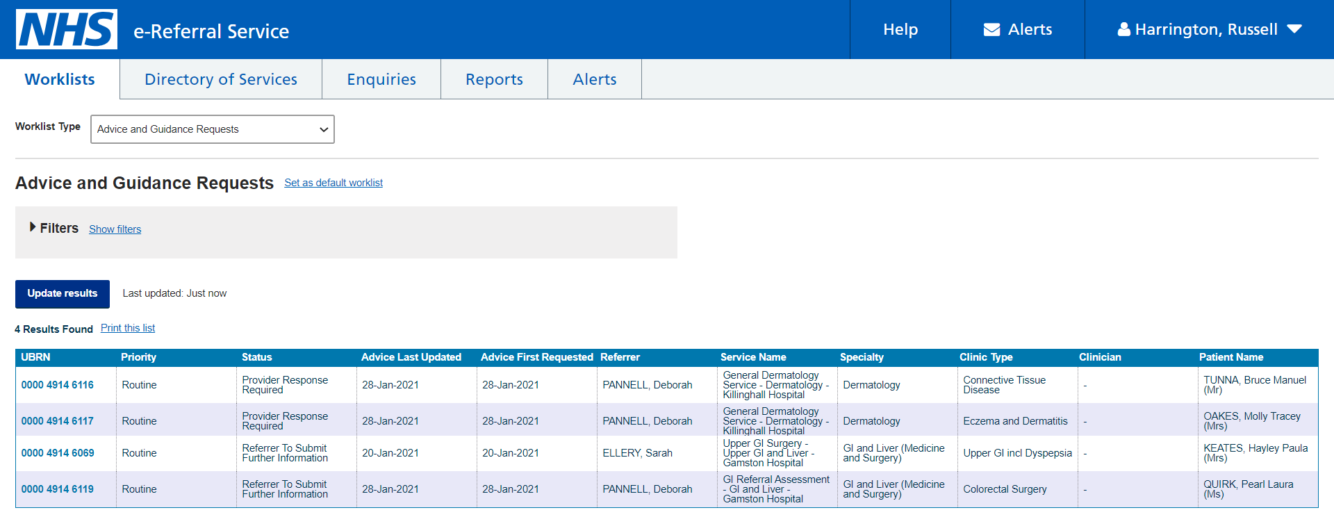 Image of the populated provider advice and guidance worklist