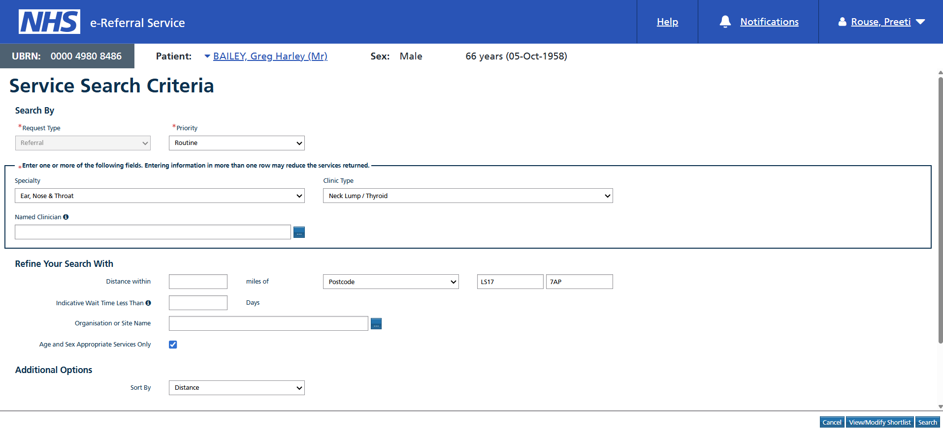 Image of the service search criteria screen