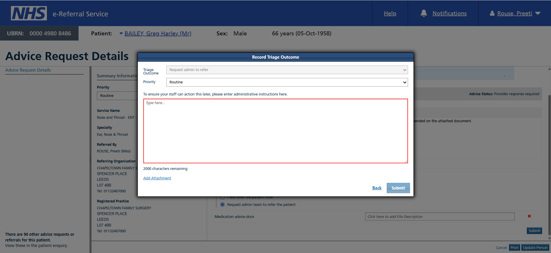 Image showing the record triage outcome pop up box
