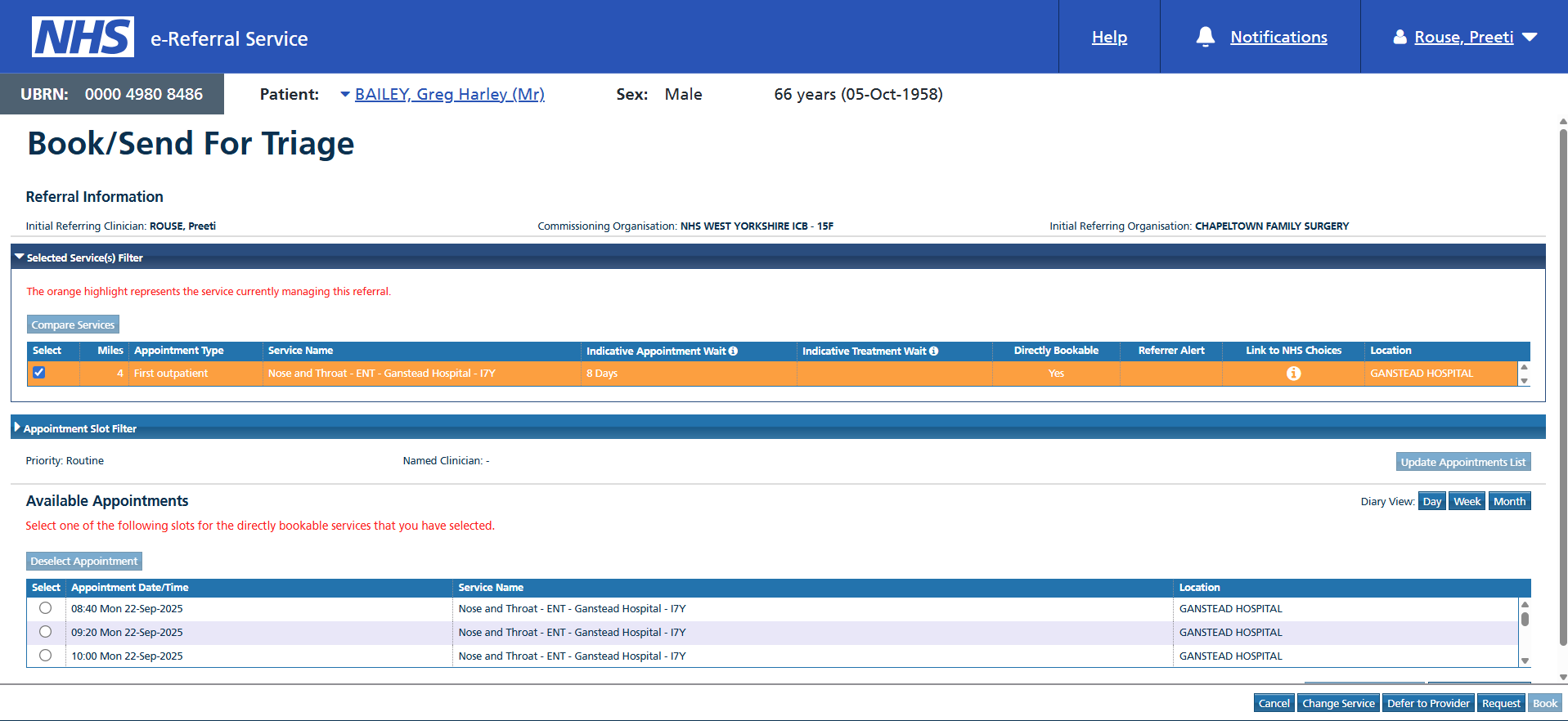 Appointment search screen