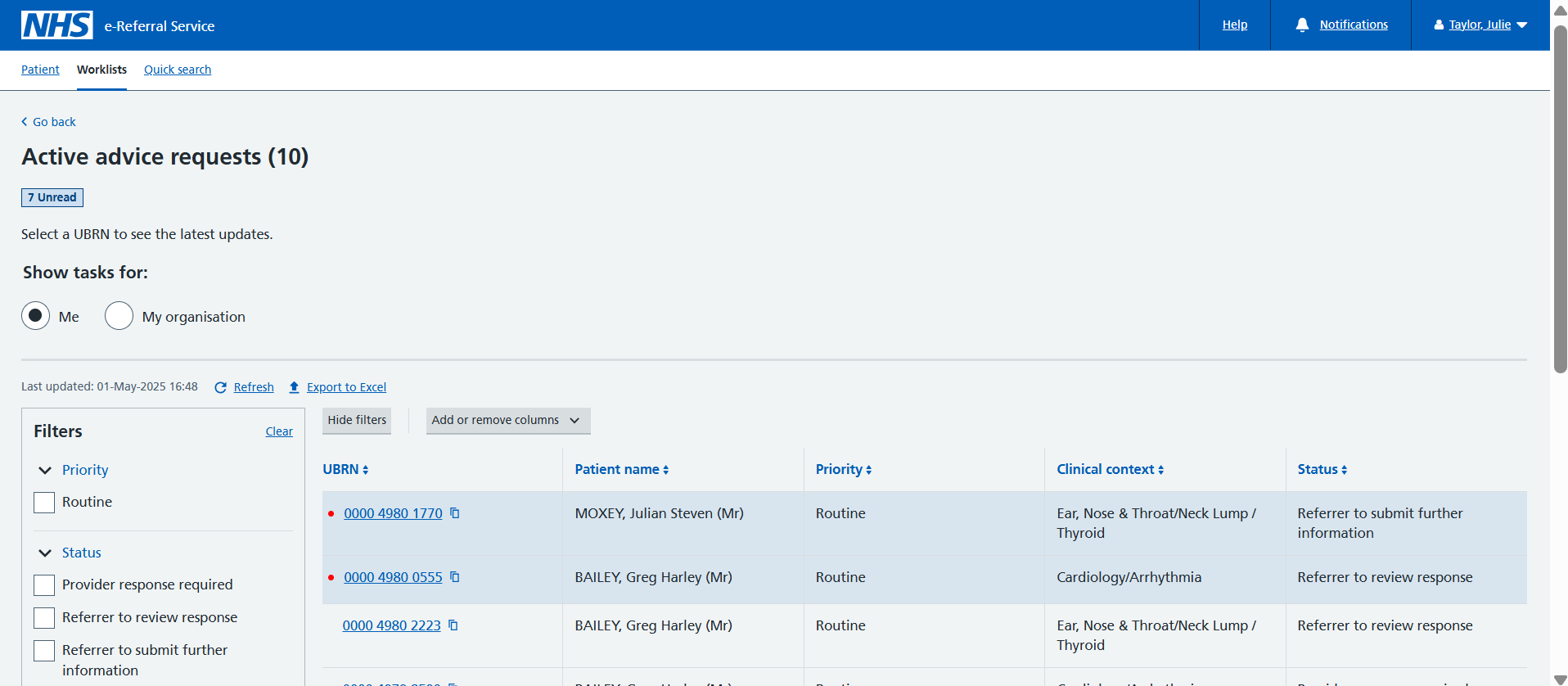Referrers active advice request worklist