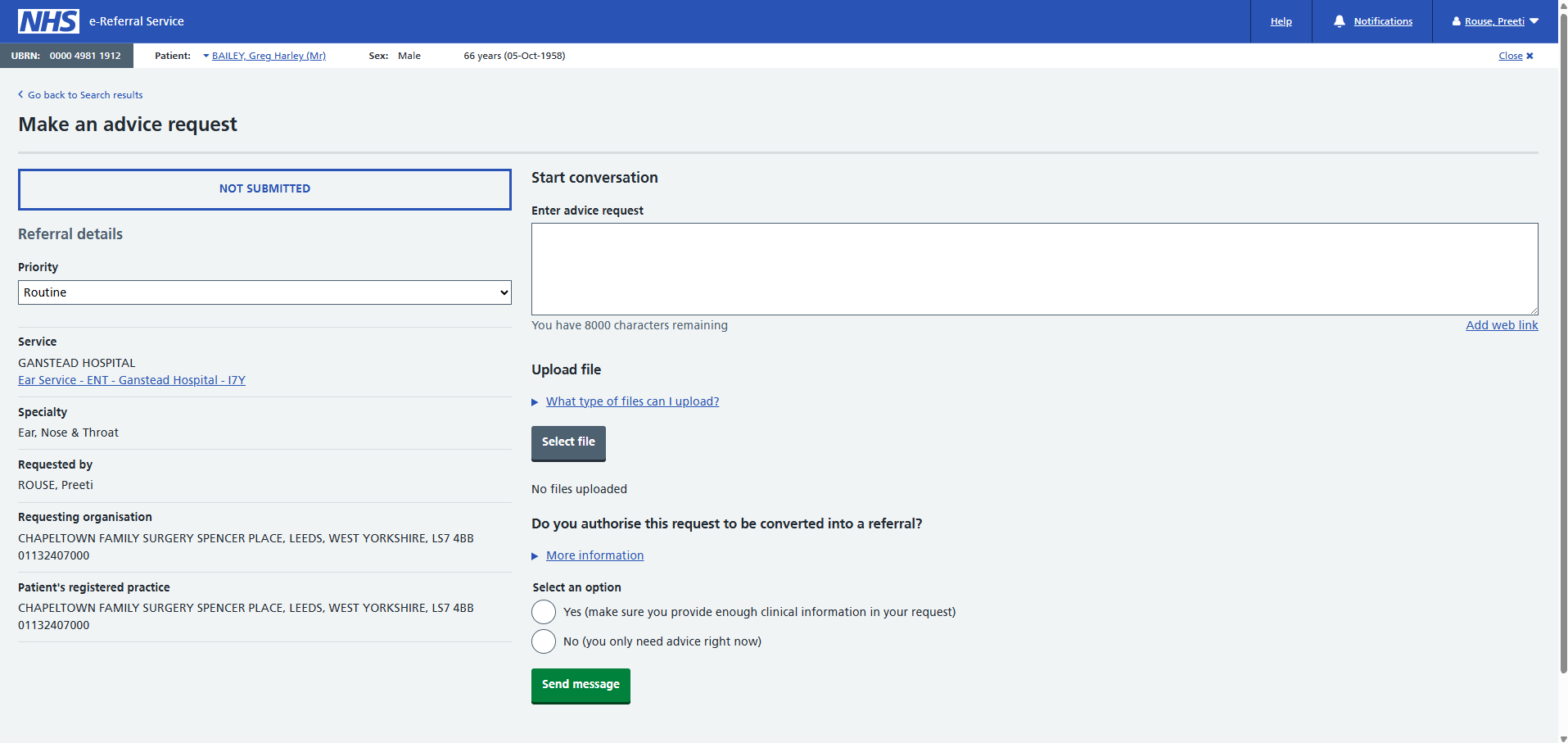 Image of the referrers advice request details screen