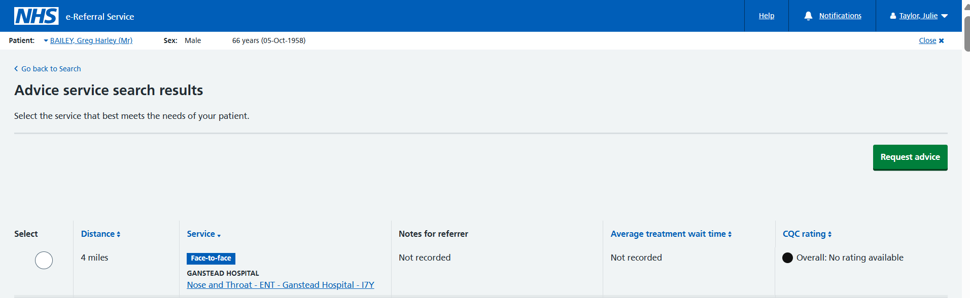Image of the service selection screen with returned results displayed