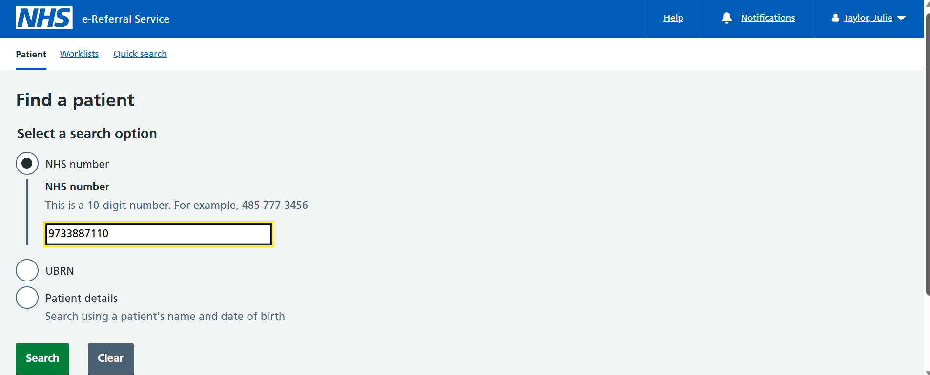 Image displays patient search using NHS number screen