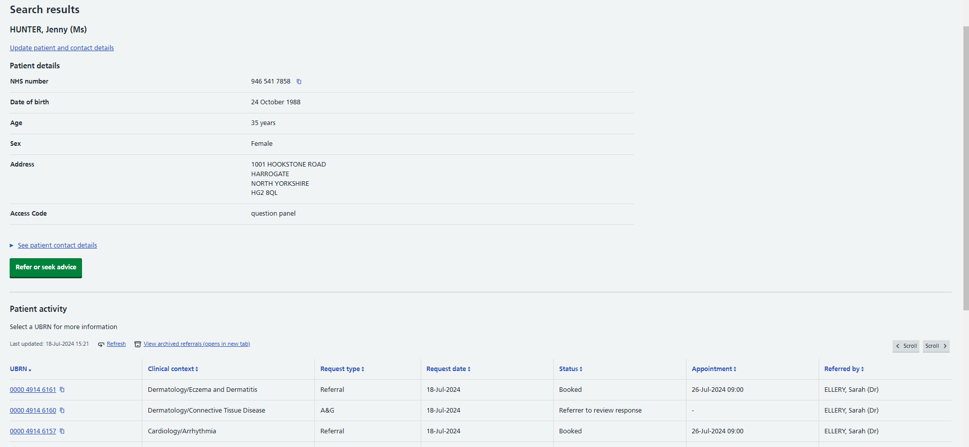 Image of the referrers patient tab with returned patient information