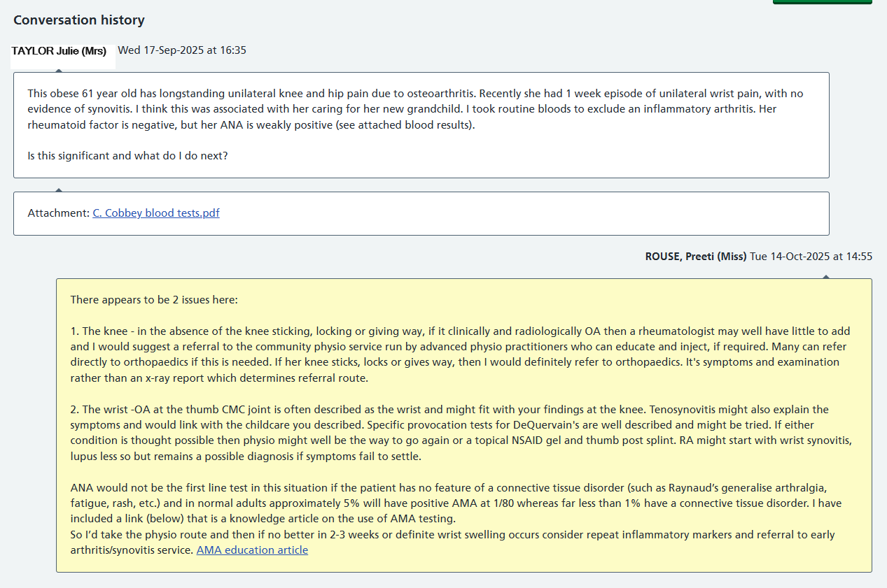 image of an e-RS advice and guidance message between two clinicians