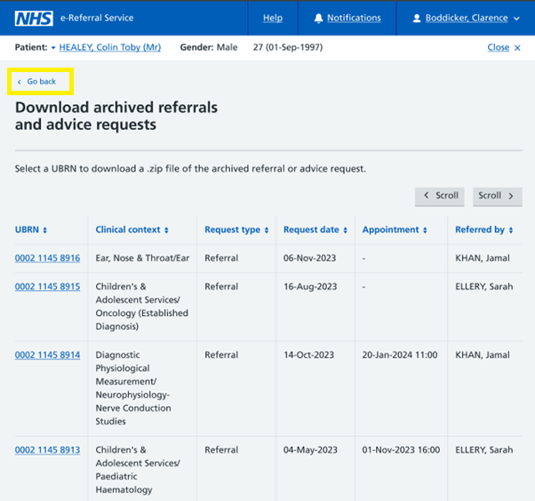 Image displays the archived referrals screen