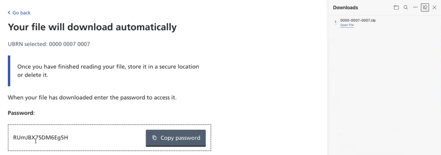 Image shows the automatically downloaded archived file and password to access this file