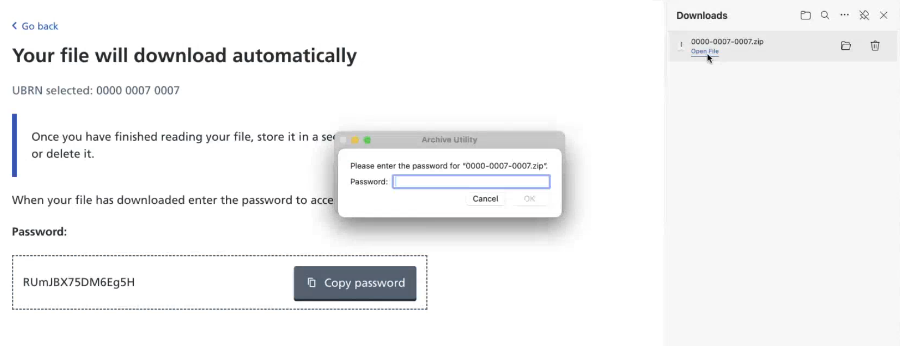 Image displays a prompt for entering password to access archived file