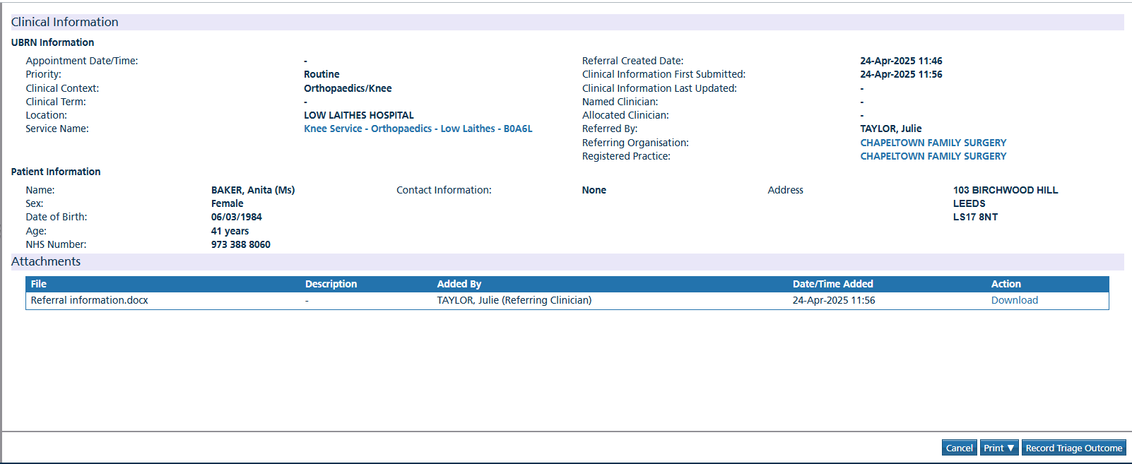 screen shot of an ASI referral summary screen