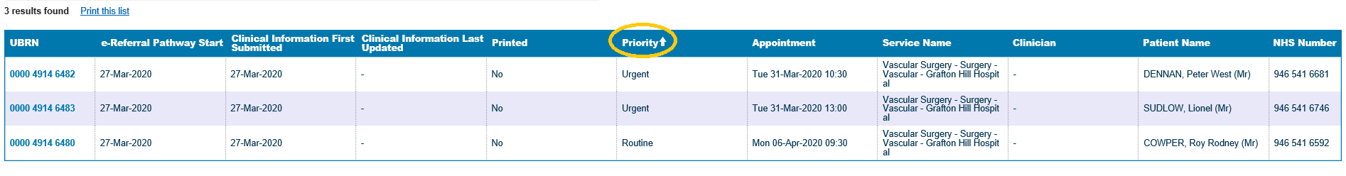 Example of appointment results