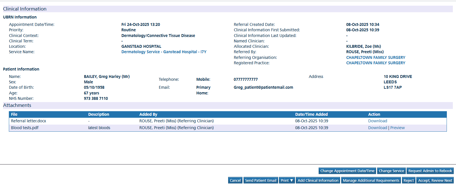 Example of clinical information displayed to a provider