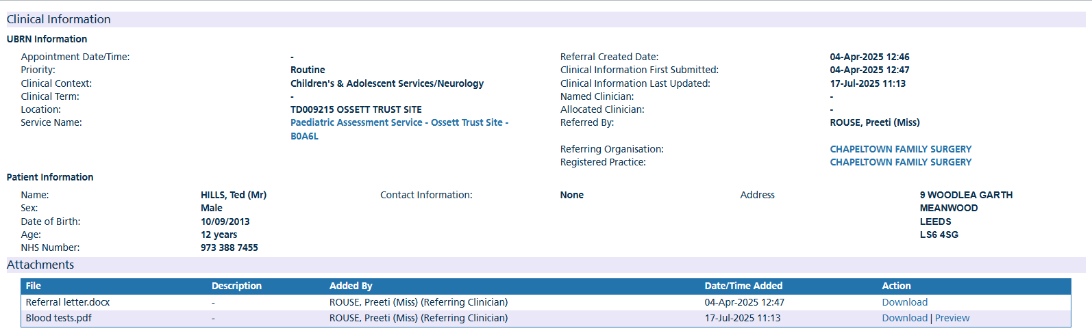 Example of clincial information displayed after a UBRN is selected from the review referral worklist