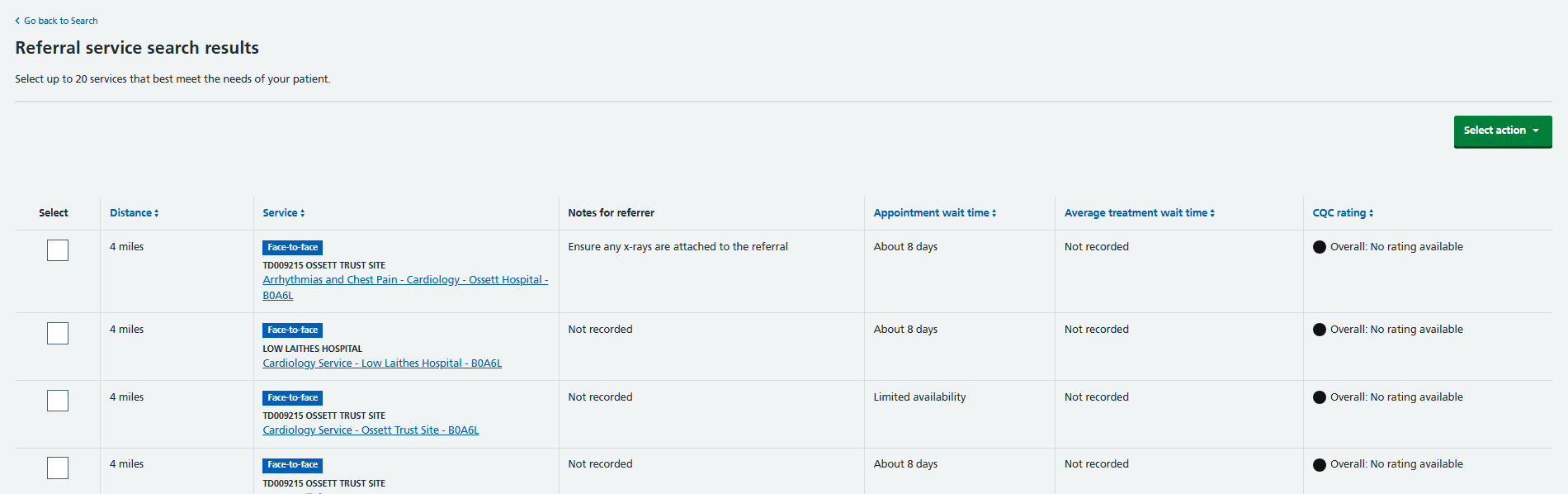 Services returned on Service Search Results screen