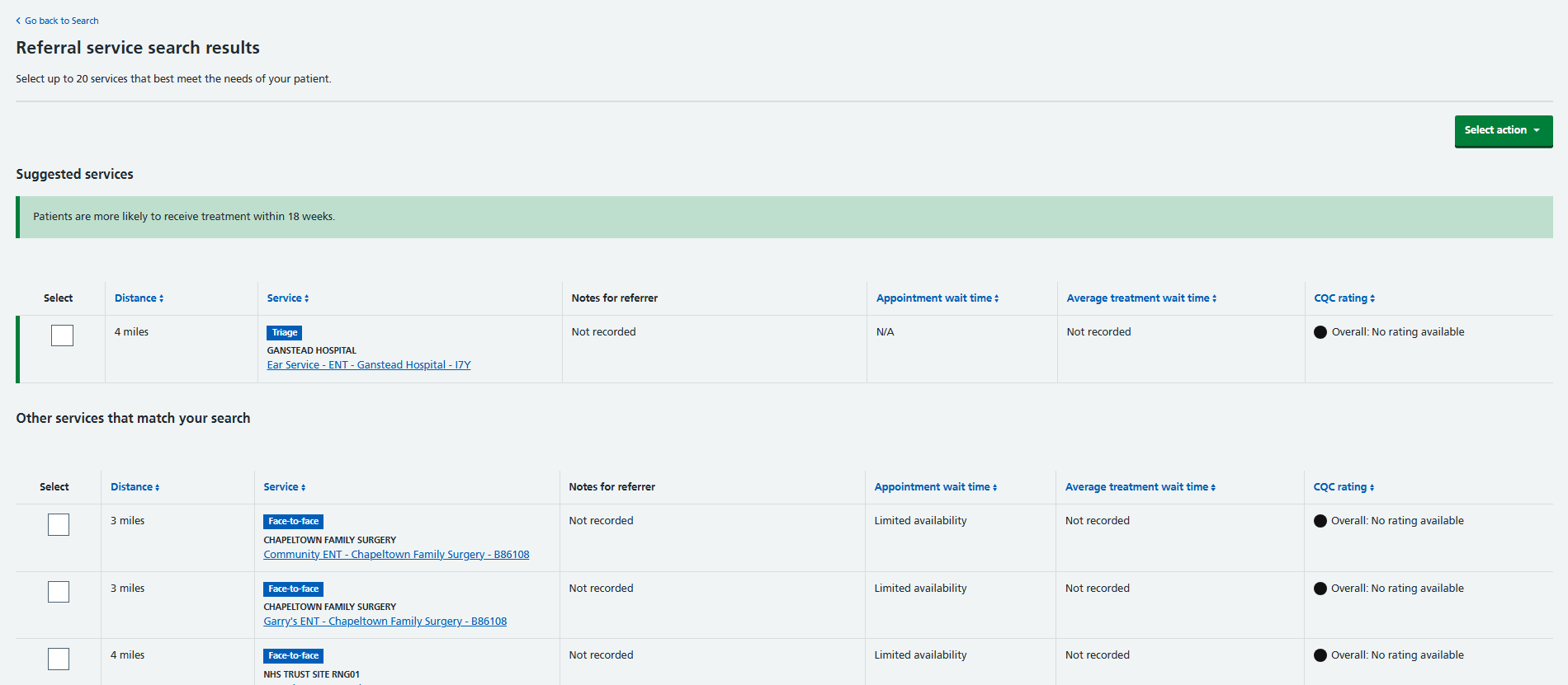 Service Search Results screen showing capacity alert