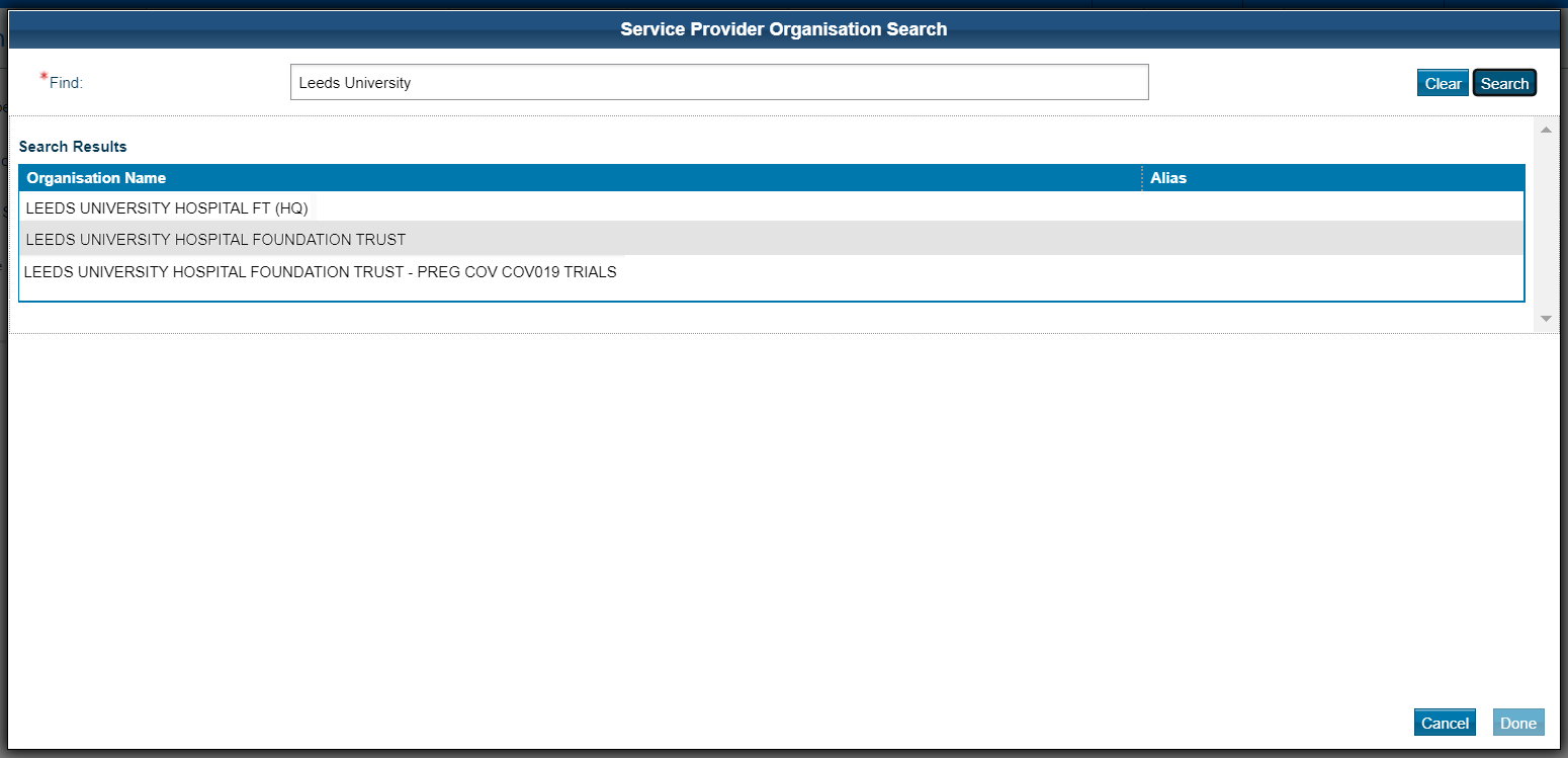 Service provider organisational search showing results
