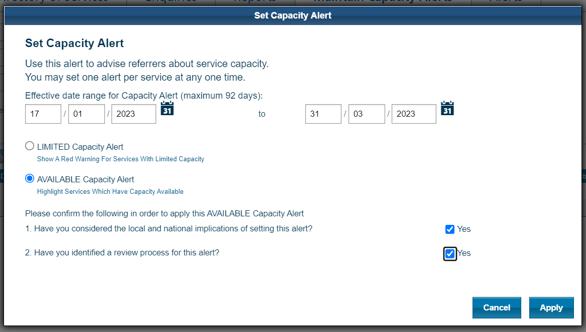 Completed Set Capacity Alert window for 'Available Capacity Alert'