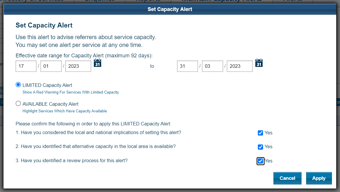 Completed Set Capacity Alert window for 'Limited Capacity Alert'