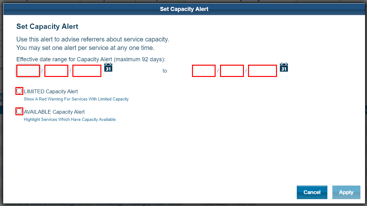 Set capacity alert window