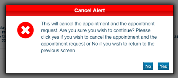 Image displays Cancel Appointment warning