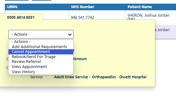 Image displays Cancel Appointment option on Patient Enquiry screen