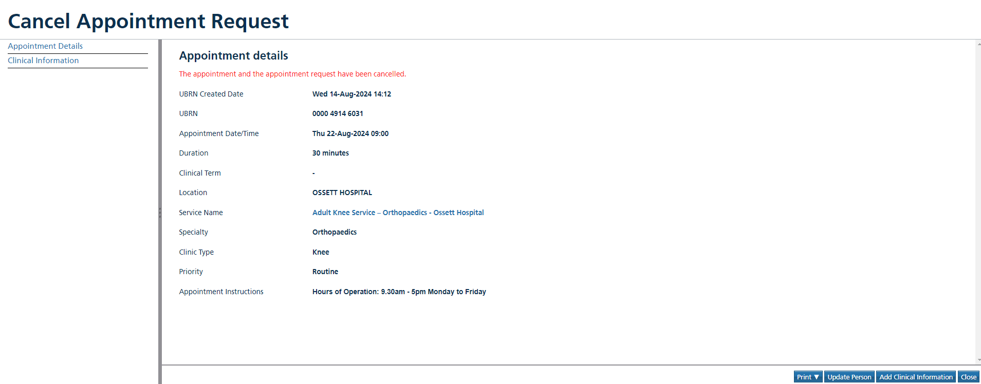Image shows confirmation of Cancel Appointment request
