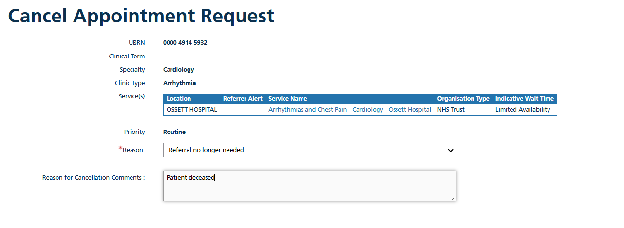 Image displays Cancel appointment request screen