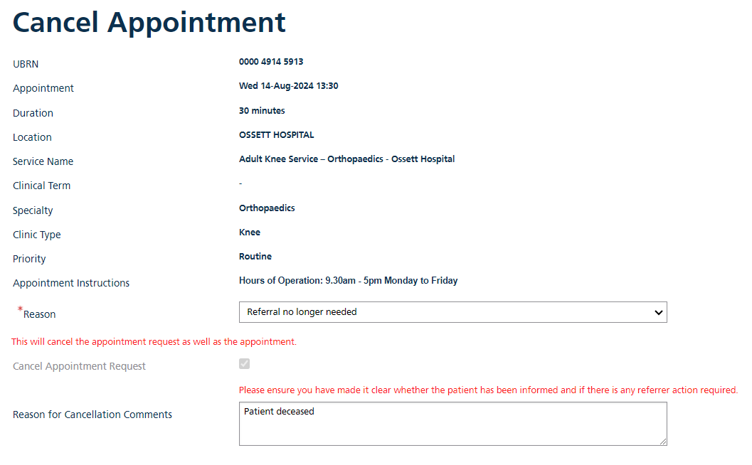 Image displays Cancel Appointment screen