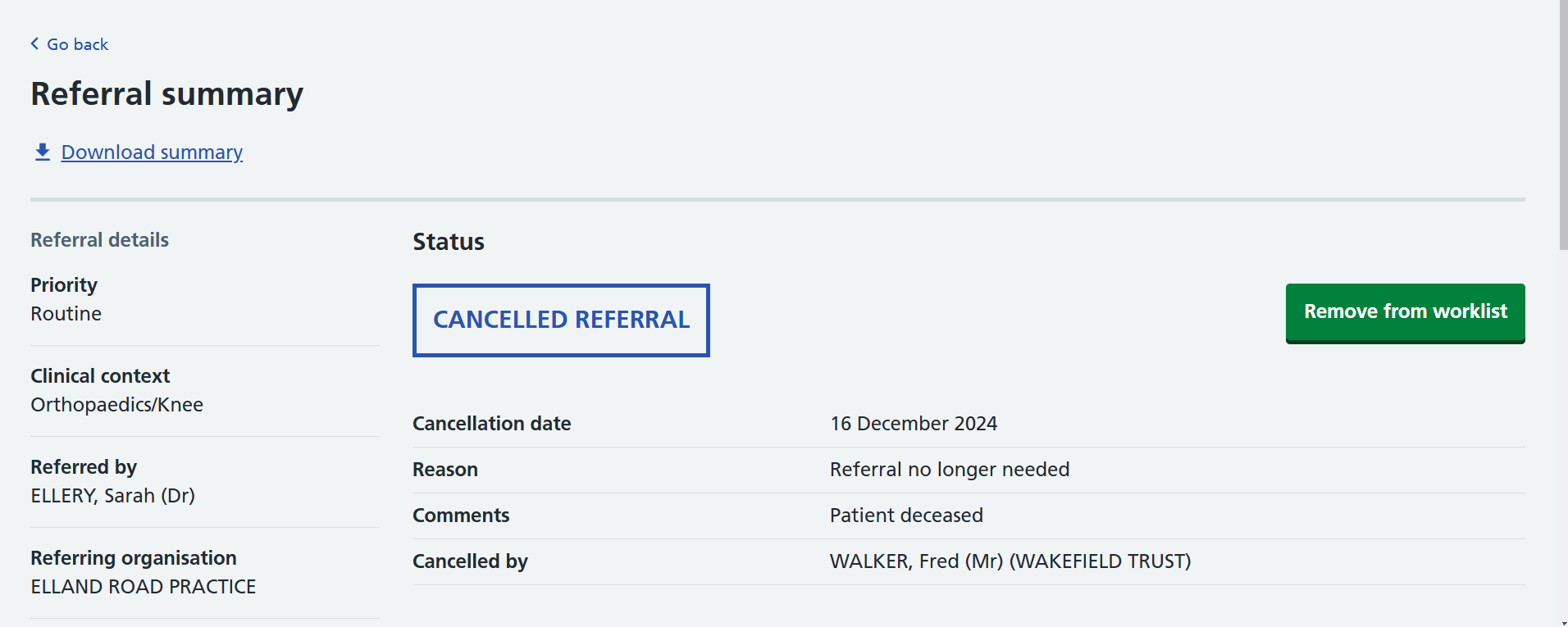 Image displays a cancelled referral in referral summary