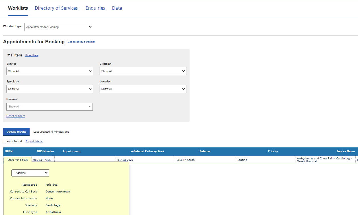 Image displays UBRN on Appointments for Booking worklist