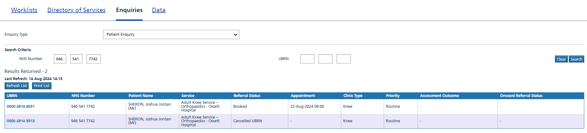 Image displays Patient Enquiry using NHS Number