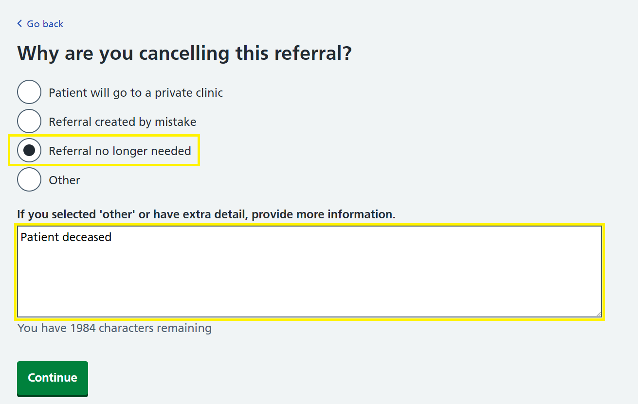 eRS referral cancellation screen on referral summary