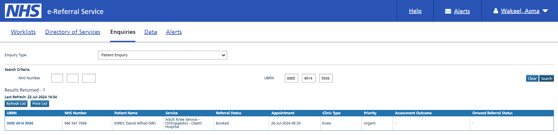 Once accepted, the referral will be removed from the worklist. To find a referral after it’s been accepted you can use the Patient Enquiry with either the patient’s NHS number or appropriate UBRN.