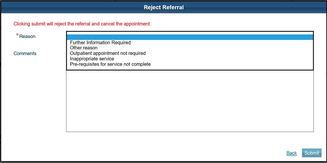 Screen shot of e-RS system showing a reject referral screen
