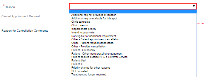 screen shot of e_RS showing the cancelling an appointment screen