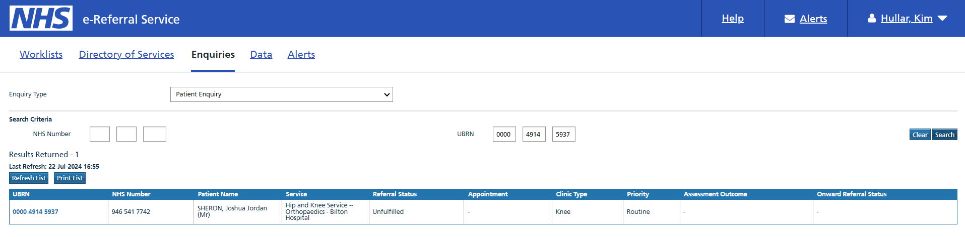 Patient enquiry screen