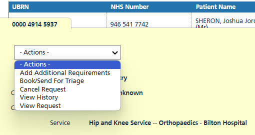 Actions - book appointment drop down screen