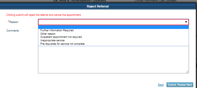 screen shot of e_RS showing how to reject referrals screen