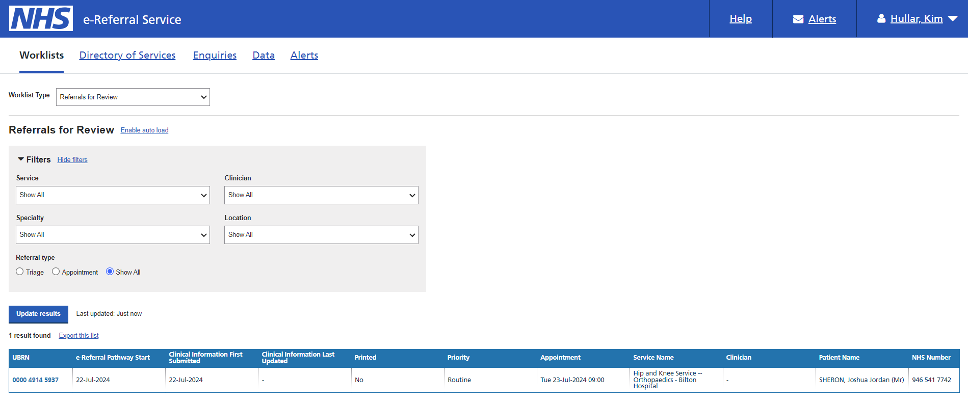 Referrals for Review Worklist screen