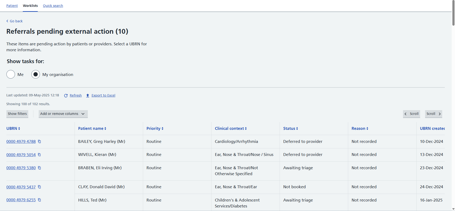Image of referrals pending external action worklist when selected from worklist dashboard