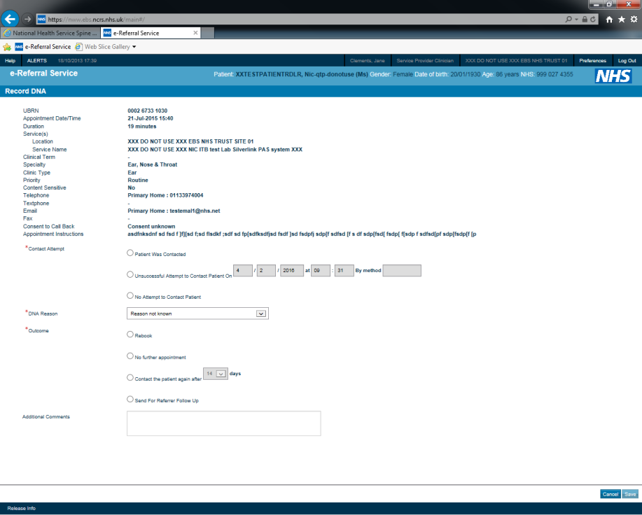 screen shot of e_RS showing how to record a did not attend using the e-RS system
