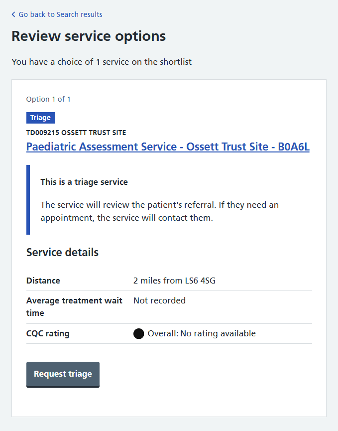 Image displays a triage service chosen for patient's referral