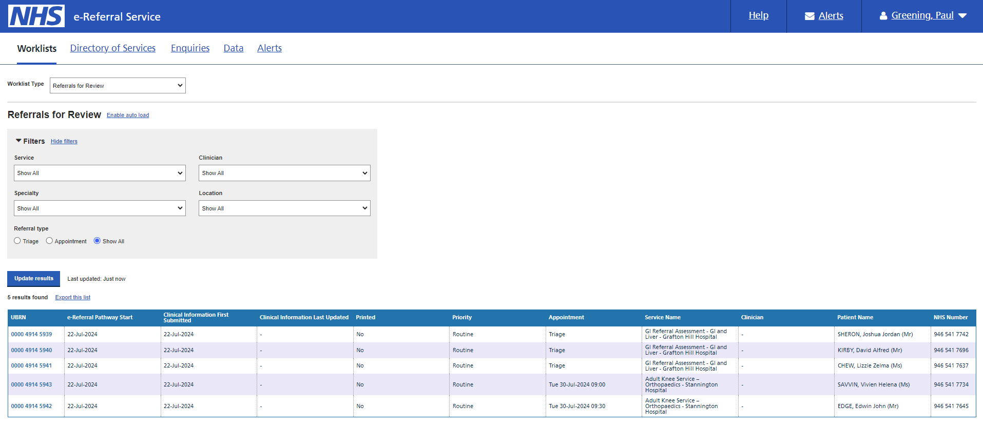 Referrals for Review worklist , all referral types screen