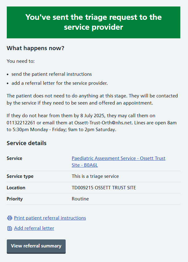 Image displays booked triage service confirmation and options to attach referral letter