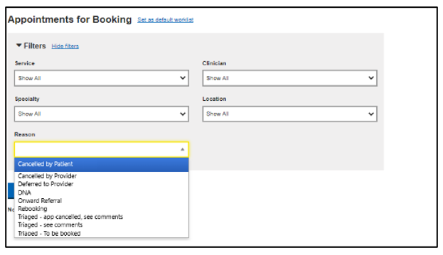 Screenshot of Appointments for Booking box and highlighting the Reason dropdown list