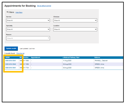 Screenshot of Appointments for Booking box and highlighting where to update or book
