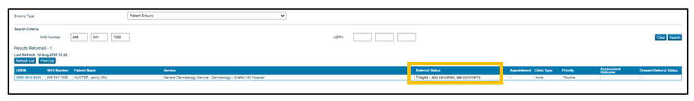 Screenshot of Triage Appointment Cancelled box